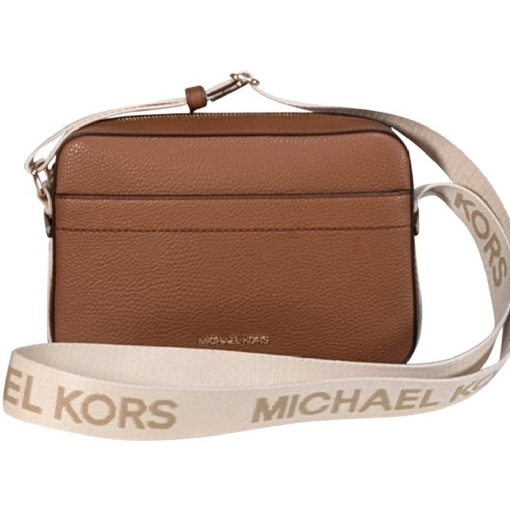 Michael Kors Tan Brown Pebbled Leather Messenger with Branded Canvas Strap